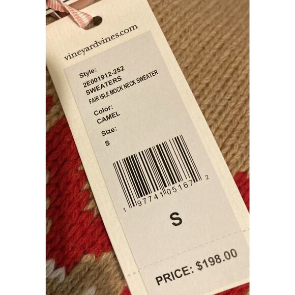 Vineyard Vines Merino Wool Blend Fair Isle Sweater Sz S New Camel Mock Neck $198 - Picture 9 of 9